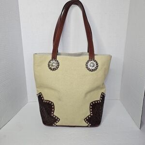 Cream and Brown Western Tote with Leather Accents